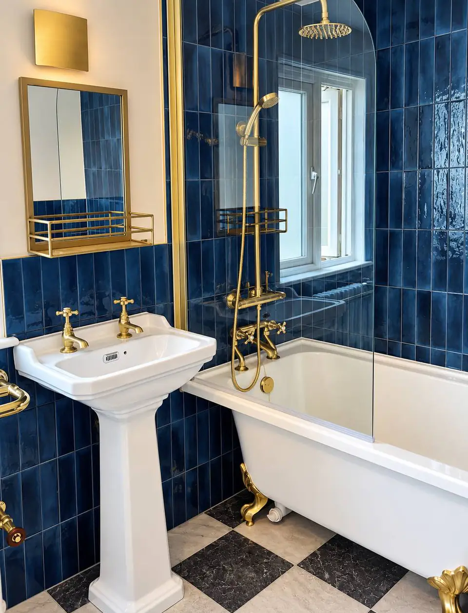 Bathroom with blue vertical tiles, a pedestal basin, a brass-framed mirror and a brass shower over the bath