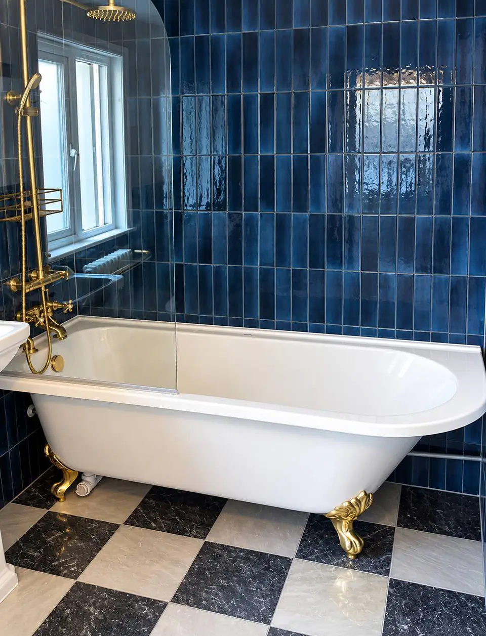 White roll-top bath on brass feet against blue tiles, on a black and white chequered floor