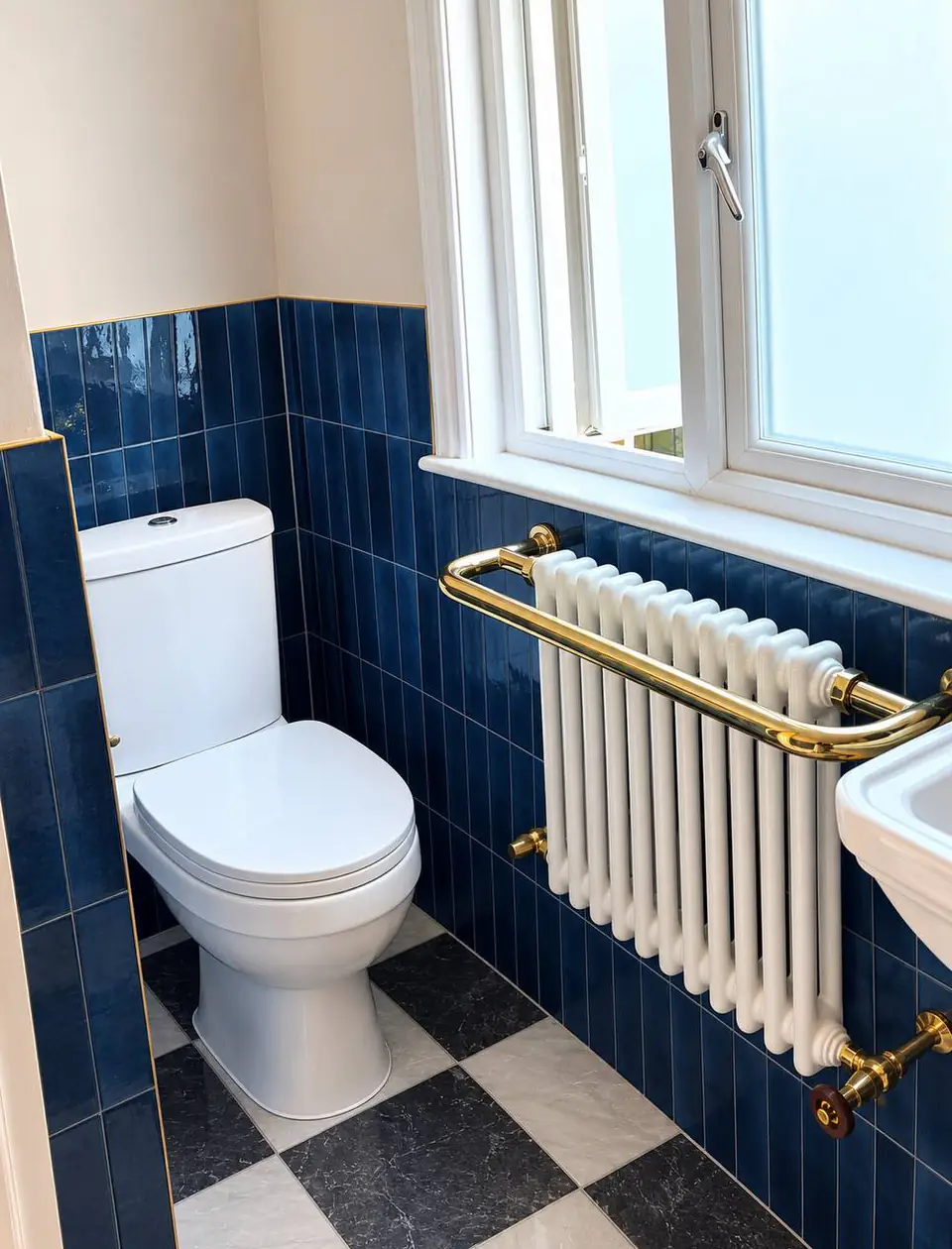 White toilet beside a column radiator with a brass towel rail, blue tiles and a chequered floor