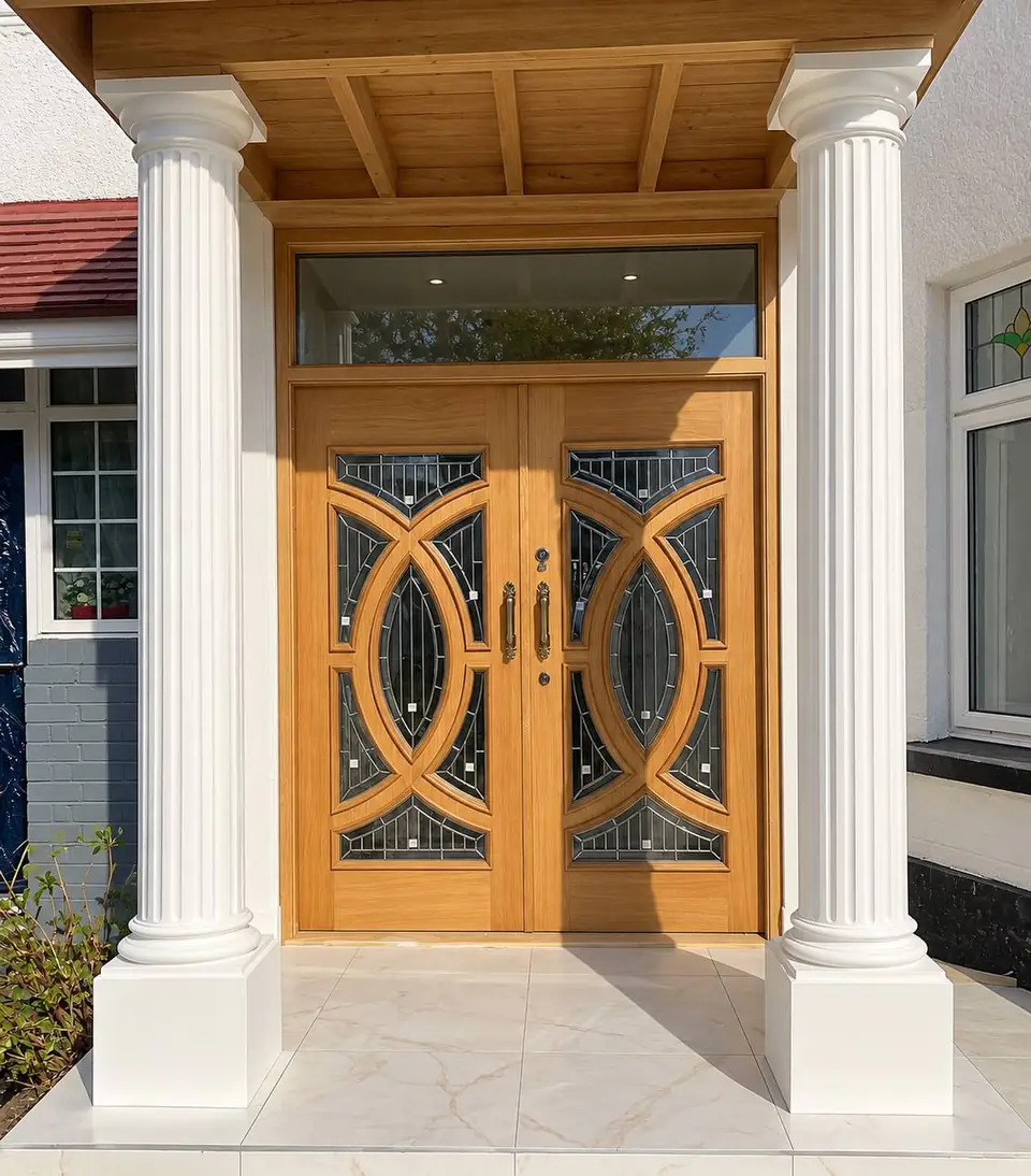 Oak double front doors with leaded glass under a portico with white columns