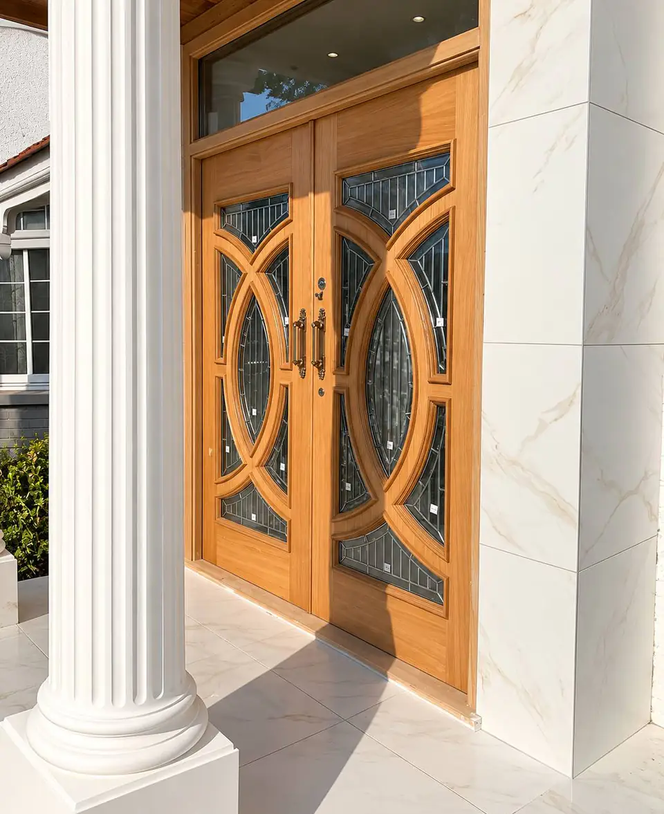 Oak double front doors with leaded glass panels between white columns