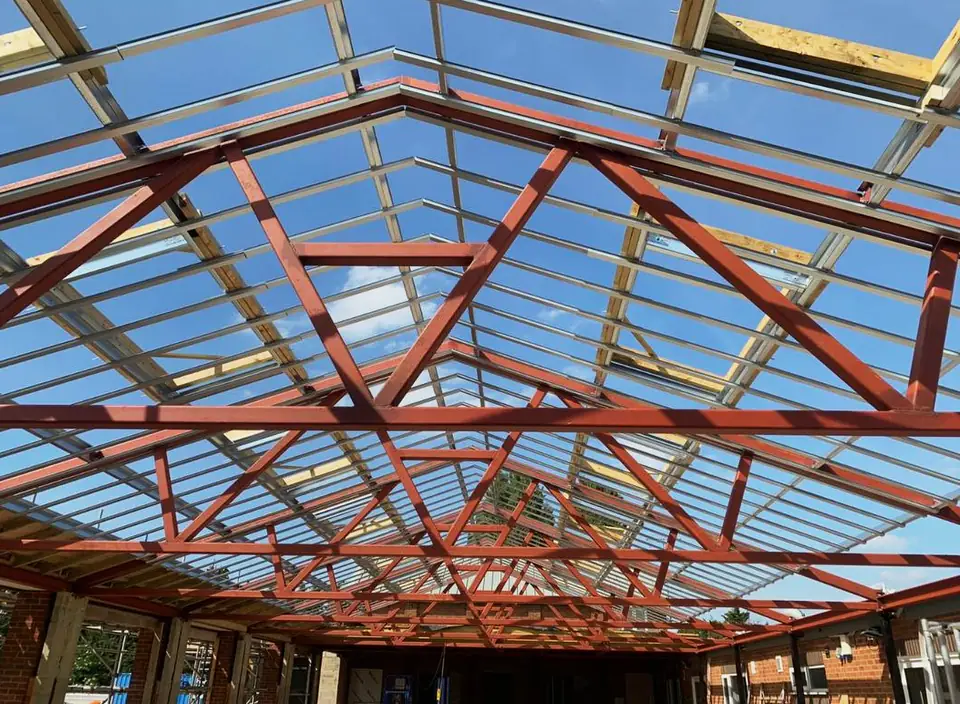 Steel roof structure with rooflights, interior view, London project